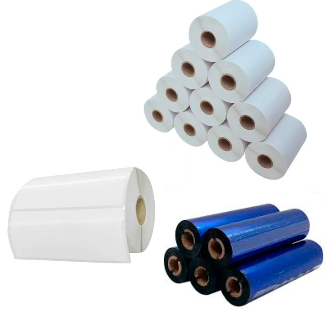 100x40-cera 10 Rolos de Etiqueta Adesiva Papel Couchê 100x40 + 5 Ribbons Cera 110x74 - Imagem 1