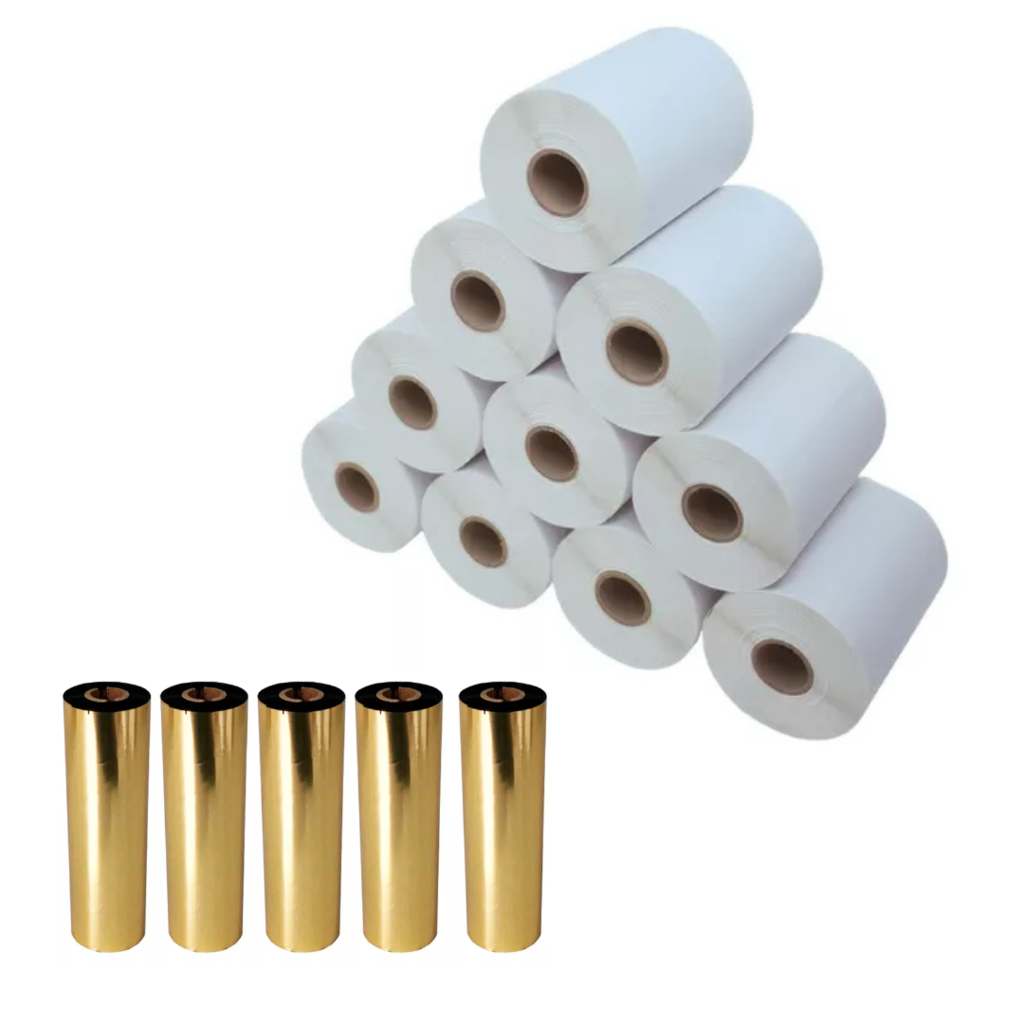 Kit com 10 Rolos de Etiqueta Adesiva BOPP Fosco 100x70 + 5 Ribbons Misto Kit com 10 Rolos de Etiqueta Adesiva BOPP Fosco 100x70 + 5 Ribbons Misto